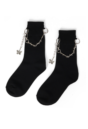 Gothic Lolita Ankle Length Socks Dark Style Black and White Cute Socks with Beads Butterfly Chain Pendant