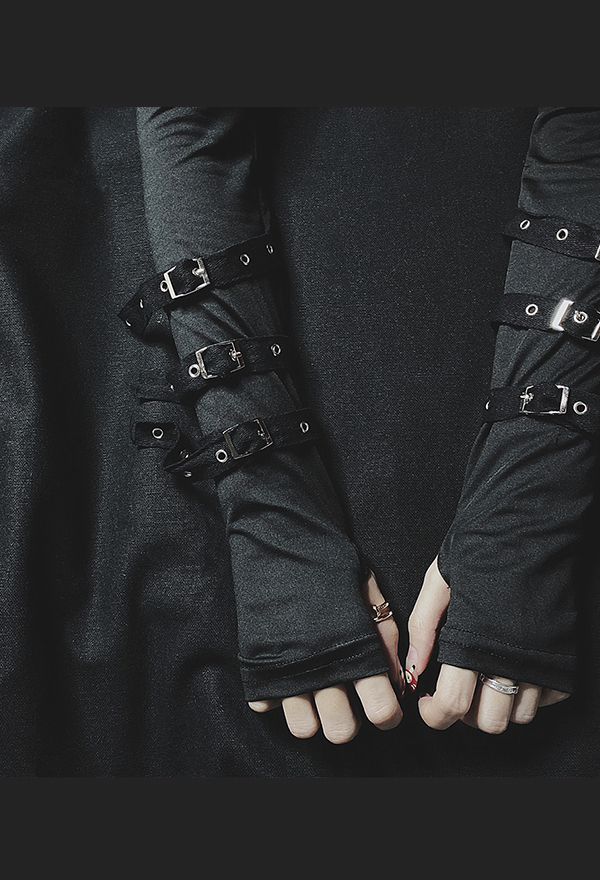 Gothic Punk Hiphop Fingerless Glove Dark Style Black Polyester Metal Buckles Sunblock Arm Length Glove
