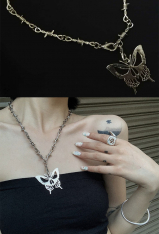 Gothic Punk Hiphop Clavicle Chain Necklace Dark Style Alloy Metal Butterfly Pendant Necklace