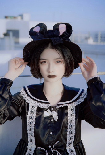 Gothic Lolita Rabbit Ear Top Hat Dark Style Black Straw Braid Cute Wide Brim Fedora Cap