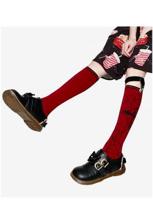 Halloween Gothic Punk Knee High Calf Socks Dark Style Black and Red Nylon Spider Cross Pattern Socks for Women