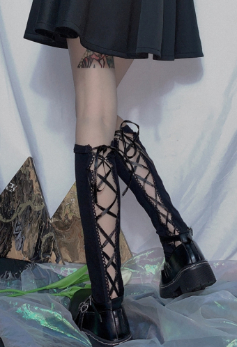 Gothic Lolita Knee High Calf Socks Dark Style Black Sexy Lace Up Cross Mesh Socks for Women