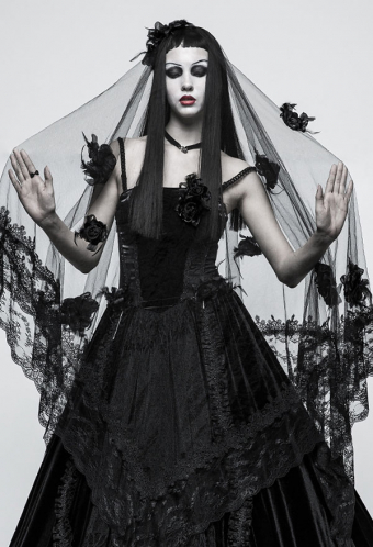Punk Rave Dark Bride Veil Gothic Flower Decorated Exquisite Mesh Black Veil