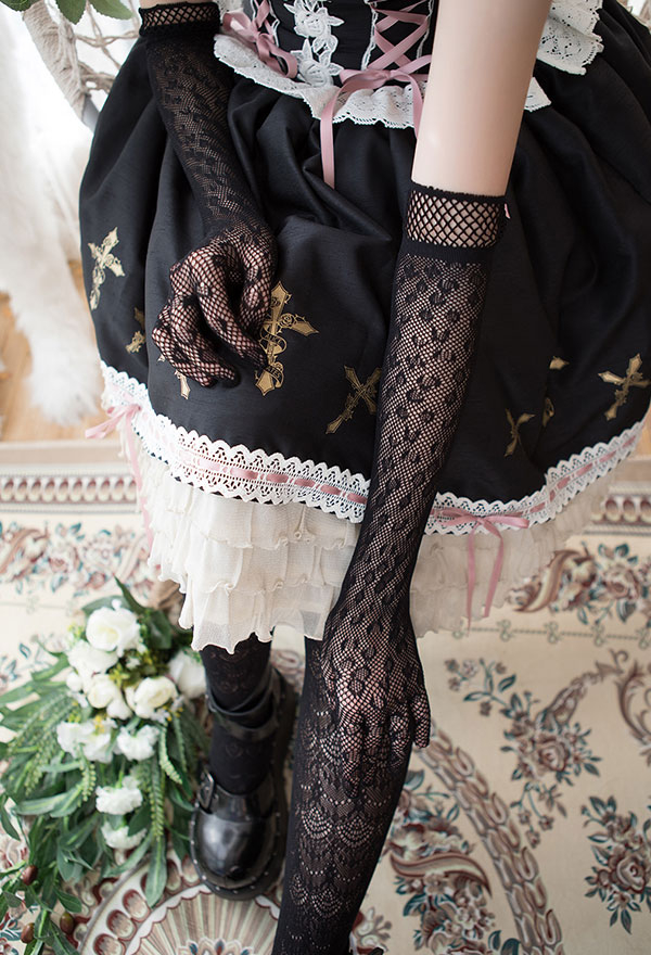 Women Fashion Gothic Lolita Halloween Vintage Elbow Length Finger Gloves Lace Hollow Fishnet Bridal Dance Gloves