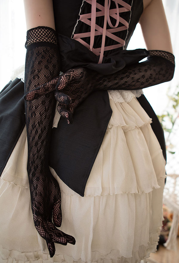 Women Fashion Gothic Lolita Halloween Vintage Elbow Length Finger Gloves Lace Hollow Fishnet Bridal Dance Gloves