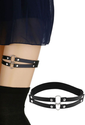 Gothic Punk Double-Layer Elastic Leg Harness PU Leather Heart and Round Shape Ring Adjustable Rivet Garter Belt