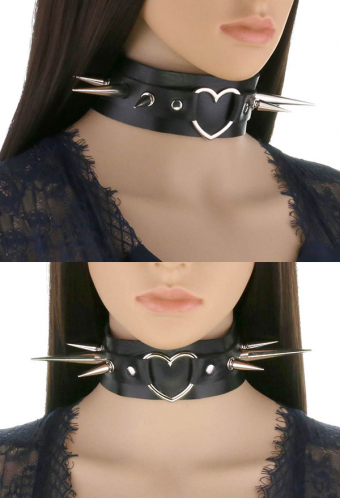 Women Punk Fashion Jewelry Gothic Long Spikes Choker PU Leather Rivet Heart Shape Ring Wide Choker For Halloween