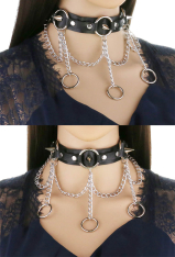 Gothic Vintage Punk Chain Ring Choker PU Leather Multiple Rings and Rivet Spiked Adjustable Choker Necklace for Halloween