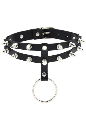 Gothic Cyberpunk Rivets Spiked Choker Punk Style PU Leather O-Ring Pendant Double-Layer Adjustable Neckband Choker for Halloween