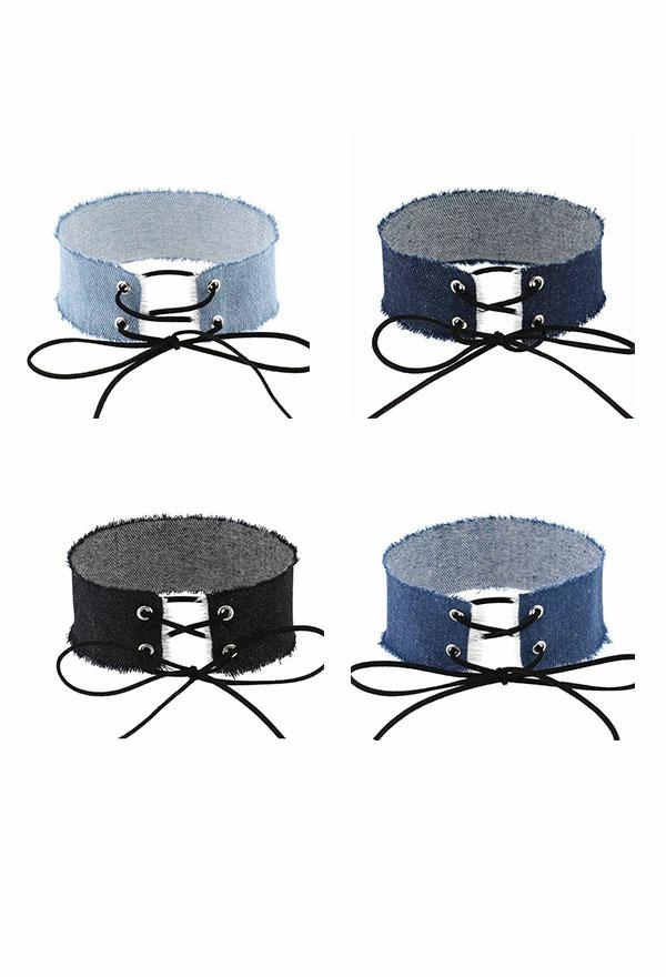 Women's Punk Rock Front Lace-up Choker Streetwear Style Denim Strap Adjustable Wide Clavicle Choker Necklace Four Colors in A Set