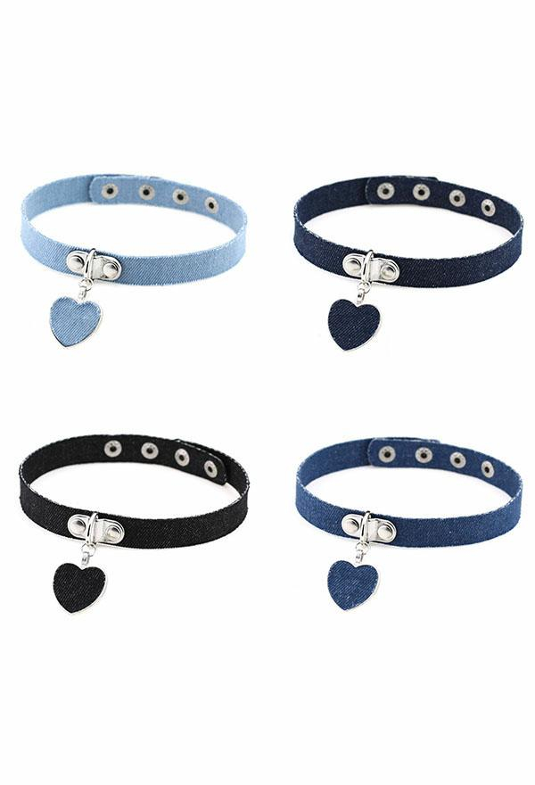 Women's Punk Rock Jewelry Gothic Choker Streetwear Style Denim Heart Pendant Decorated Adjustable Choker Necklaces Four Colors in A Set