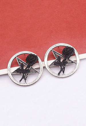 Gothic Witch Magic Pentagram Ear Studs Punk Style Alloy Rose Flower Decorated Round Shaped Ear Studs for Halloween Two pairs in Total