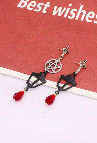 Women Gothic Vintage 925 Sterling Silver Fish Hook Earrings Punk Style Asymmetric Pentagram Redstone Dangle Earrings for Halloween