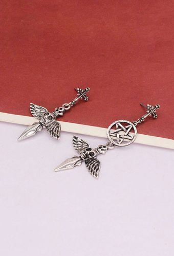 Women Gothic Vampire Accessory Vintage 925 Sterling Silver Studs Earrings Punk Style Asymmetric Pentagram Skeleton with Wings Decorated Dangle Earrings for Halloween