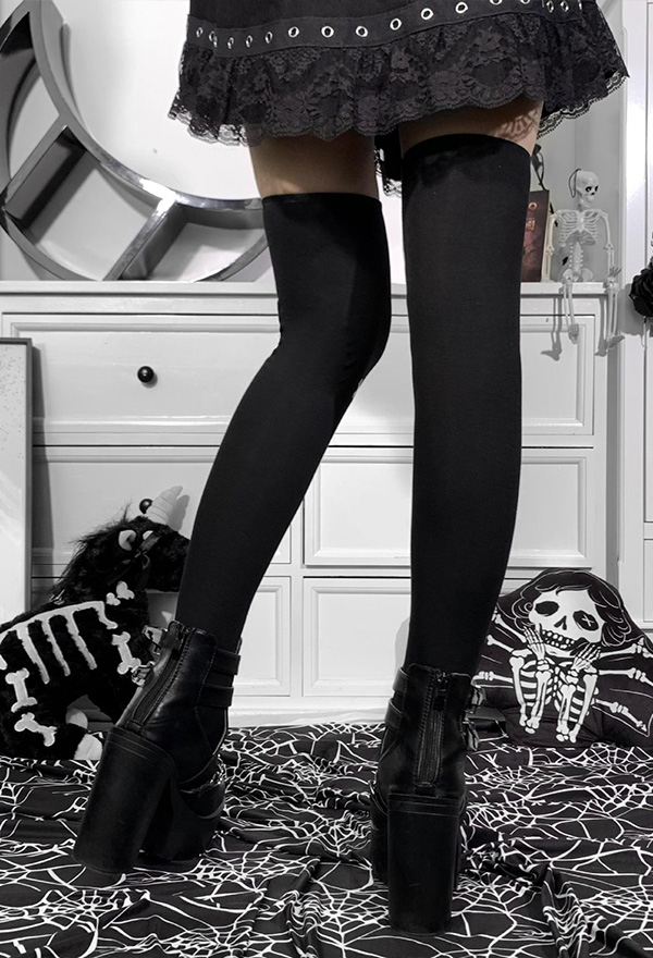 Halloween Party Wear Gothic Over the Knee Socks Dark Style Black Knit Scary Cross and Skull Print Thigh High Stockings