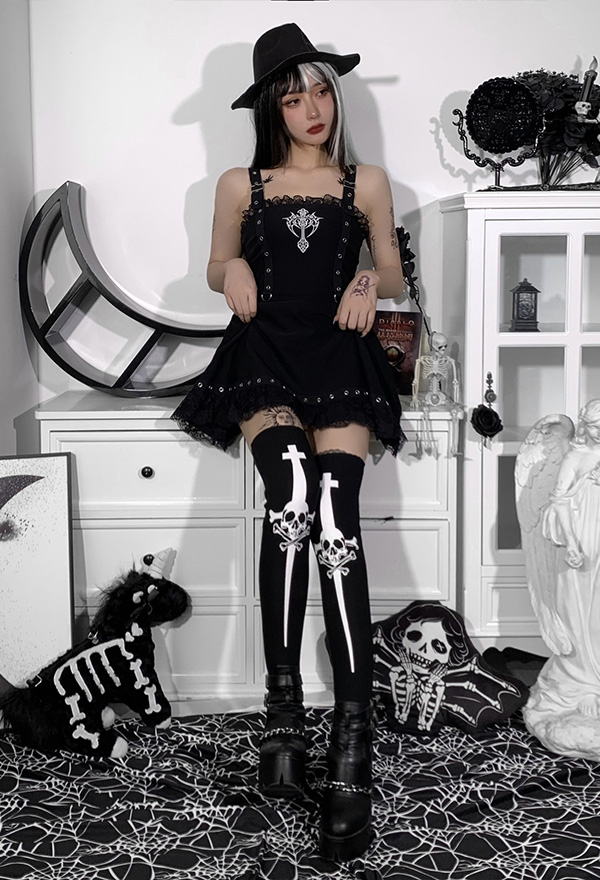 Halloween Party Wear Gothic Over the Knee Socks Dark Style Black Knit Scary Cross and Skull Print Thigh High Stockings