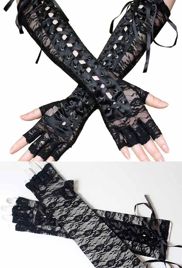 Gothic Vintage Steampunk Half-finger Gloves Lace Floral Pattern Eyelet Lace-Up Attractive Long Gloves for Women