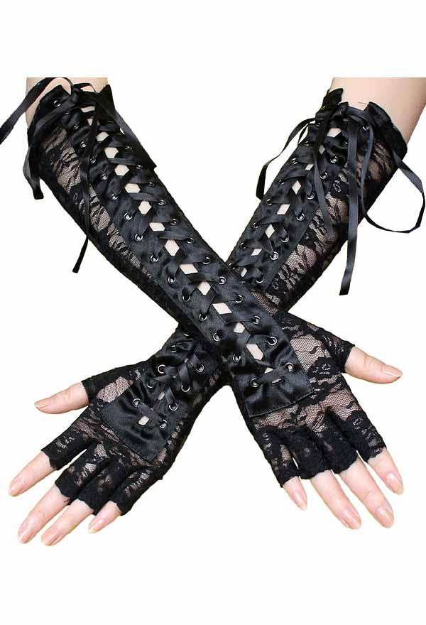 Gothic Vintage Steampunk Half-finger Gloves Lace Floral Pattern Eyelet Lace-Up Attractive Long Gloves for Women