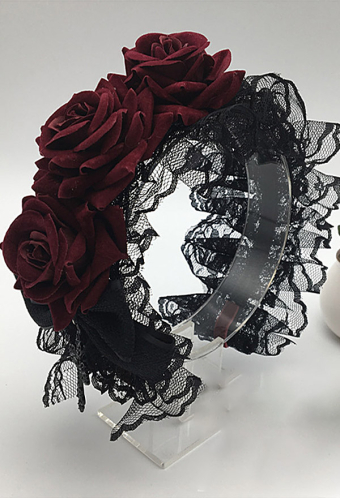 Women Gothic Dark Lolita Lace Rose Decorated Headband Halloween Accessory