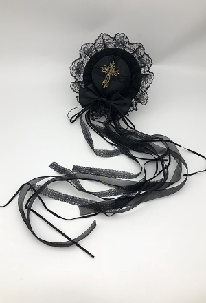 Gothic Dark Lolita Black Cross Long Ribbon Decorated Side Hairpin
