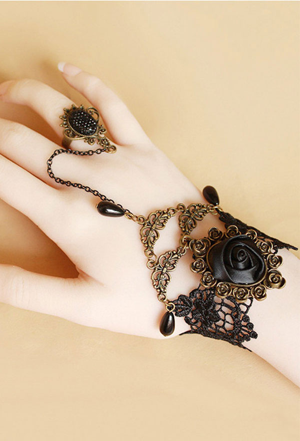 Gothic Lolita Finger Ring Bracelet in Retro Style Black Elegant Bracelet