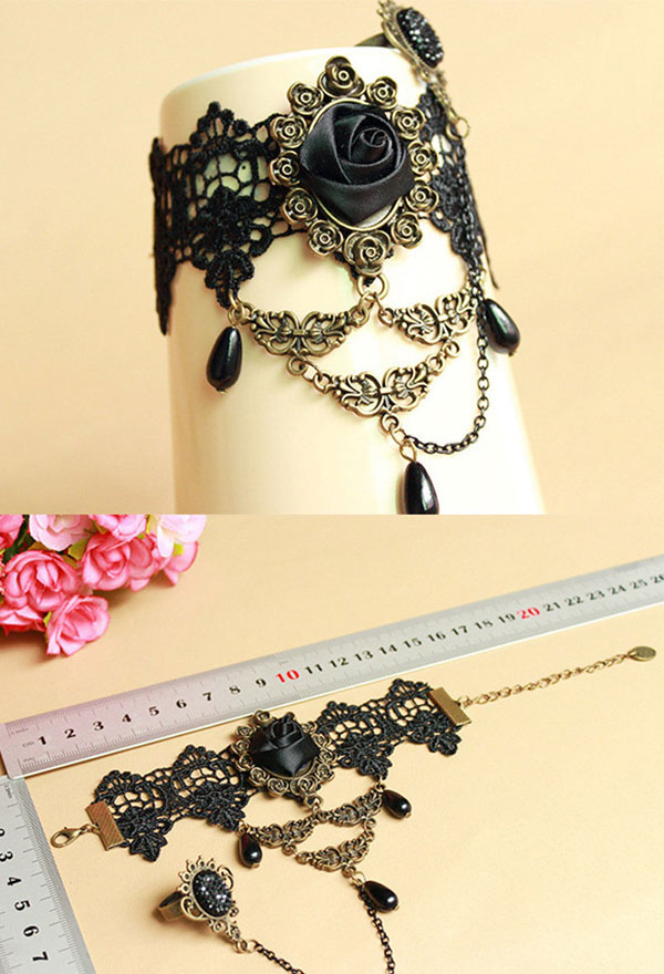 Gothic Lolita Finger Ring Bracelet in Retro Style Black Elegant Bracelet