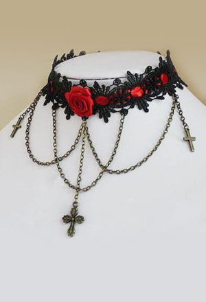 Gothic Lolita Rose Choker in Retro Steampunk Style Cross Necklace