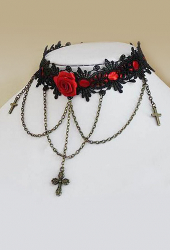 Gothic Lolita Rose Choker in Retro Steampunk Style Cross Necklace