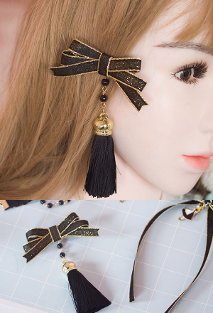 Lolita Bowknot Hairpin Dark Style Black Tassel Beads Chain Hair Clip