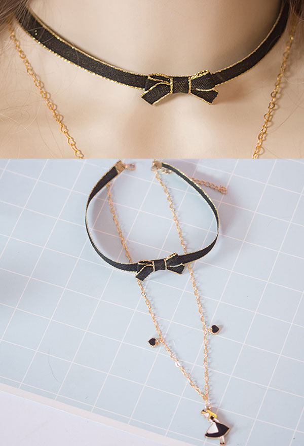 Lolita Shine Bowknot Choker Dark Style Black Beads Alice Figure Two Strand Combo Long Chain Necklace