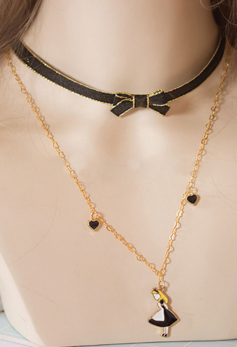 Lolita Shine Bowknot Choker Dark Style Black Beads Alice Figure Two Strand Combo Long Chain Necklace