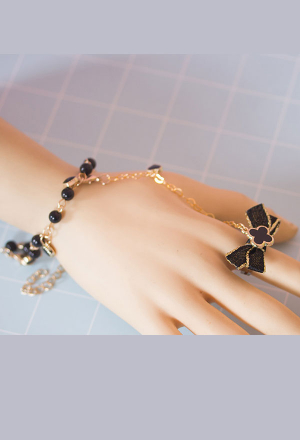 Lolita Chain Bracelet Dark Style Black Bead with Shine Bowknot Cross Ring Set Wrist Jewelry Accessory