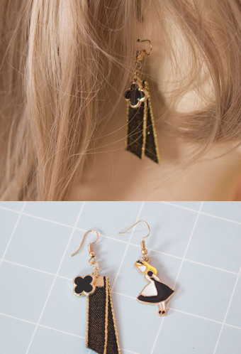 Lolita Asymmetric Piercing Dangle Earring Dark Style Black Shine Ribbon Cross and Cute Alice Figure Earring