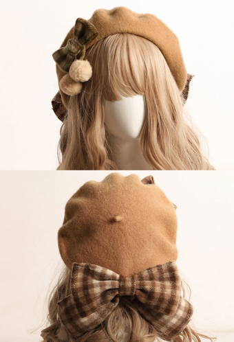 Lolita Kawaii Beret Retro Style Plaid Bowknots Wool Hat