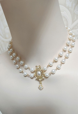 Lolita Bridal Pendant Choker Baroque Style White Two Strand Imitation Pearl Cluster Necklace 