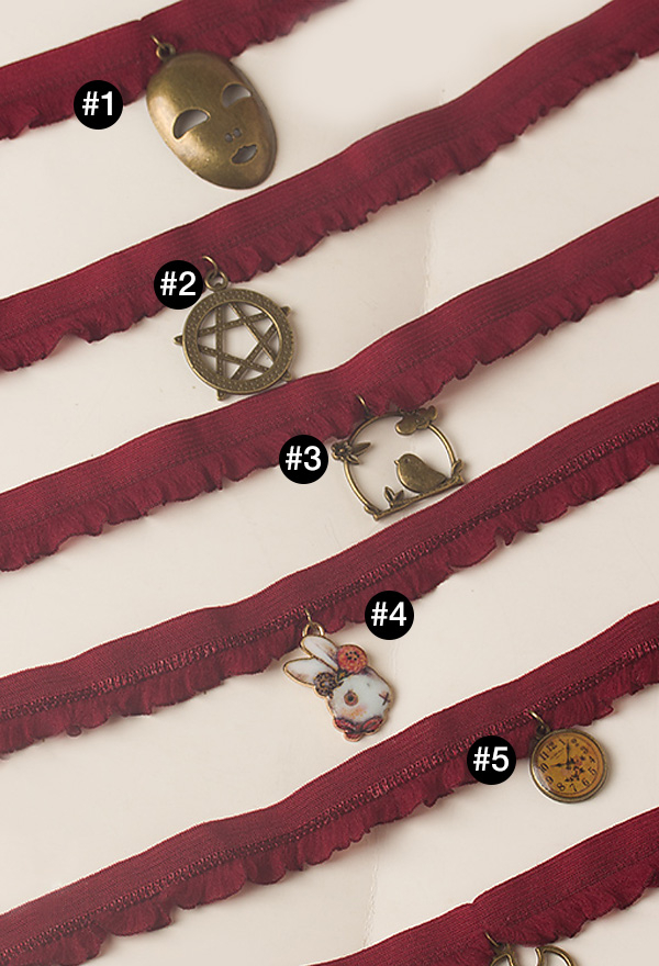 Gothic Lolita Bird Clock Face Scissors Pentagram Design Bronze Alloy Choker Dark Retro Wine Red Soft Ribbon Choker