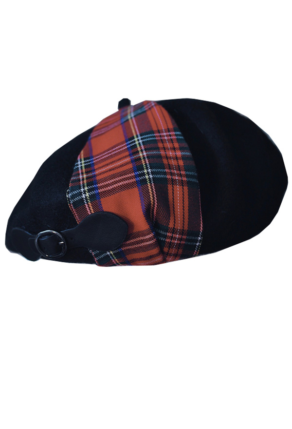 Gothic Plaid Beret British Style Black Wool Rock Hat with Buckle