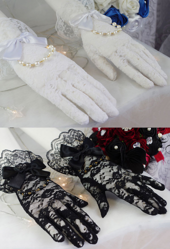 Lolita Short Wrist Length Gloves Fate Quartet Gothic Retro Bridal Floral Lace Bowknot Beads Gloves