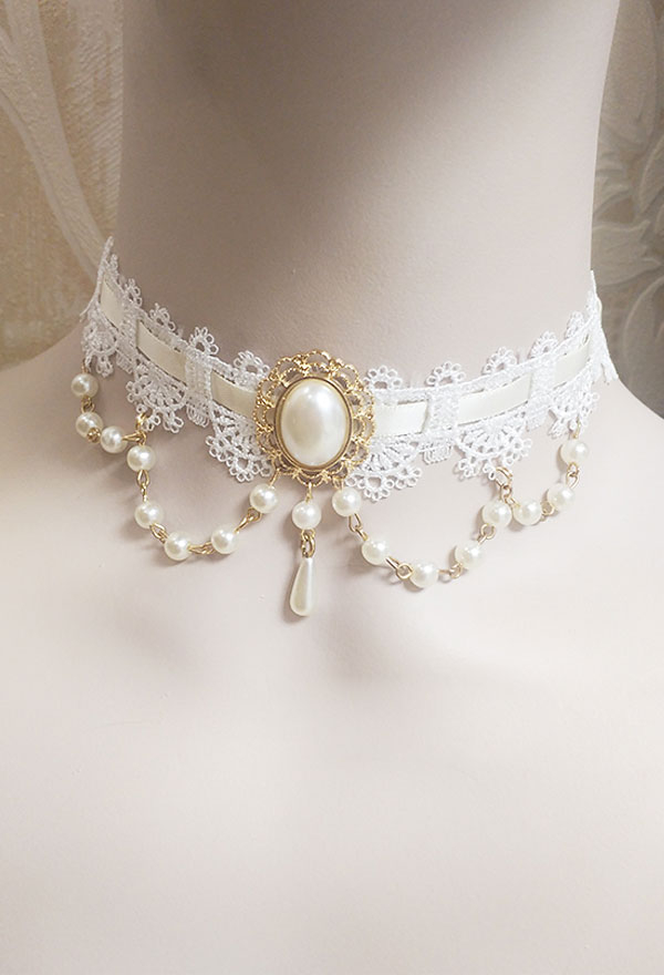 Lolita Bridal Pendant Necklace White Lace Ribbon Imitation Pearl Cluster Gem Choker