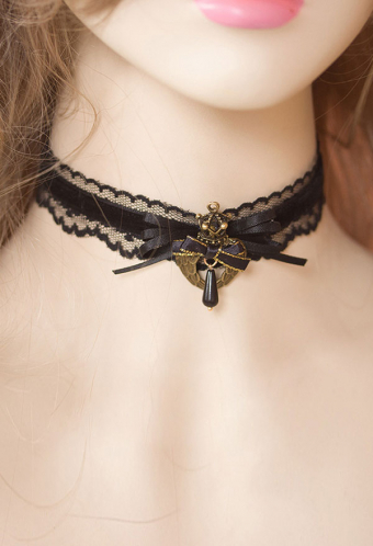 Gothic Lolita Bowknot Choker Bronze Bird Wings Heart Crown Retro Dark Style Black Lace Ribbon Choker