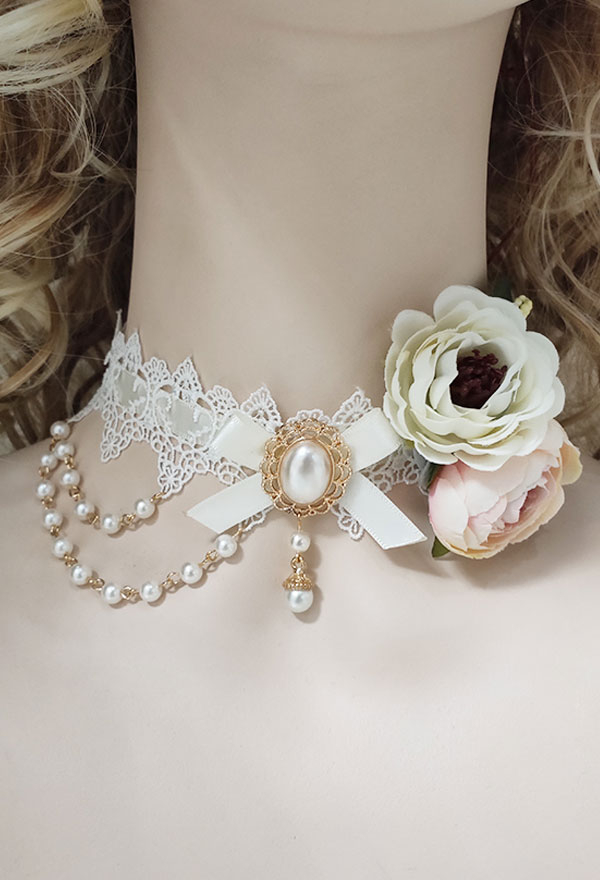 Lolita Bridal Pendant Necklace White Lace Ribbon Floral Imitation Pearl Cluster Gem Choker