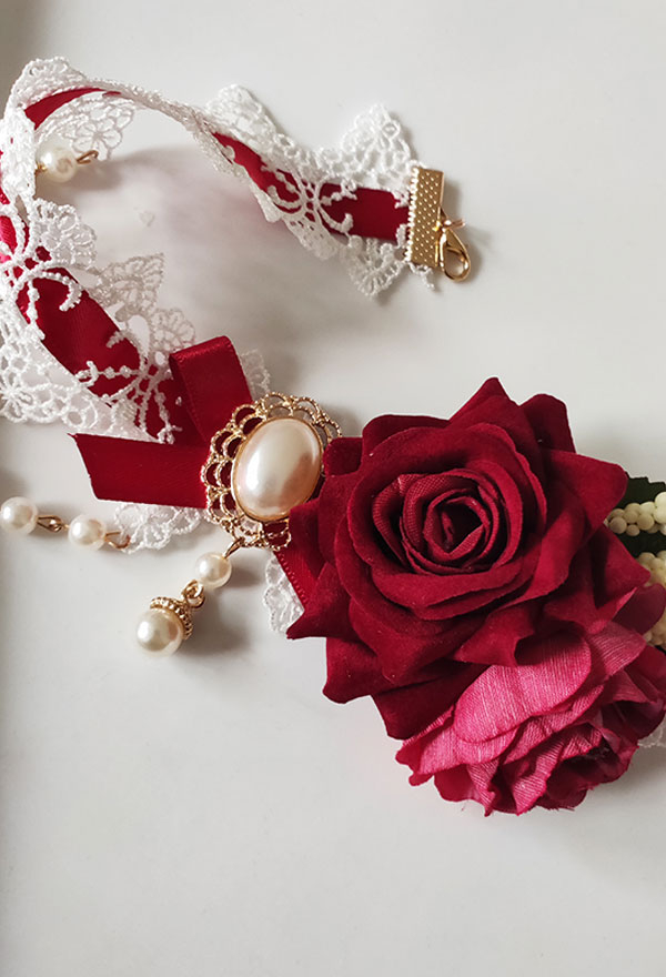Lolita Bridal Pendant Necklace White Lace Ribbon Floral Imitation Pearl Cluster Gem Choker