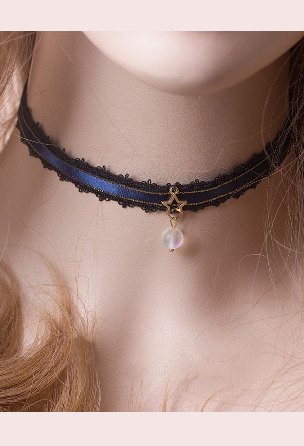 Lolita Gold Star Bead Pendant Elegant Lace Ribbon Choker