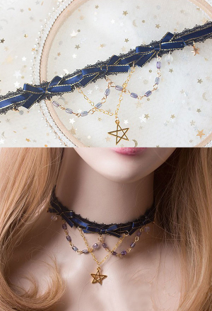 Lolita Gold Star Pendant Necklace Purple Beads Cluster Chain Lace Ribbon Bowknot Choker 
