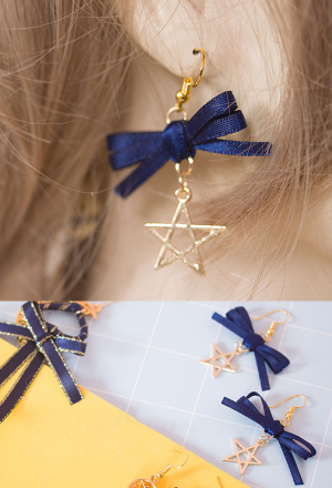 Lolita Golden Star Dangle Earring Elegant Blue Ribbon Bowknot Silver Earring