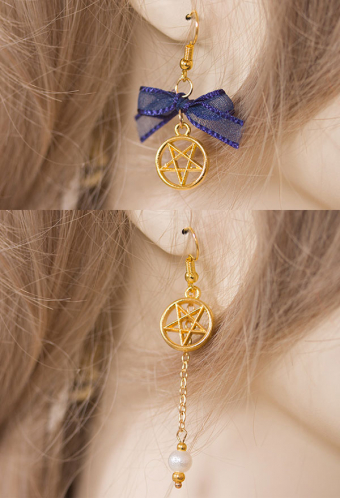 Lolita Asymmetric Dangle Earring Magic Circle Elegant Blue Sheer Bowknot Golden Star Silver Earrings