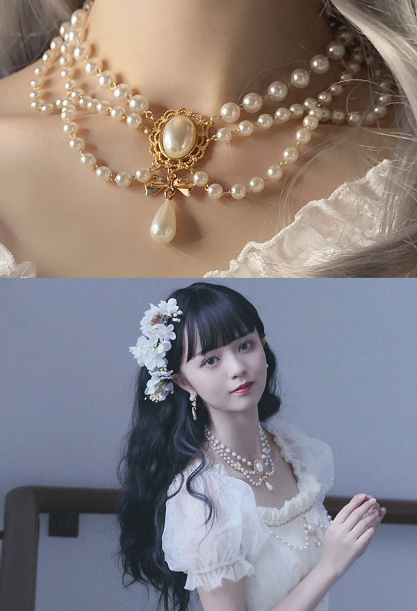 Lolita Bridal Pendant Choker Baroque White Multi Strand Imitation Pearl Cluster Necklace