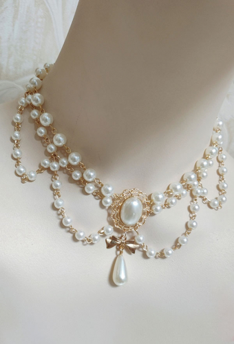 Lolita Bridal Pendant Choker Baroque White Multi Strand Imitation Pearl Cluster Necklace