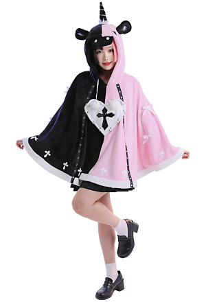 Halloween Women Gothic Black Pink Cross Unicorn Hooded Cloak