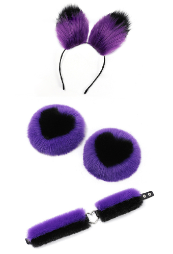 Gothic Sexy Black Purple Animal Ear Furry Headband Chock Nipple Covers Set